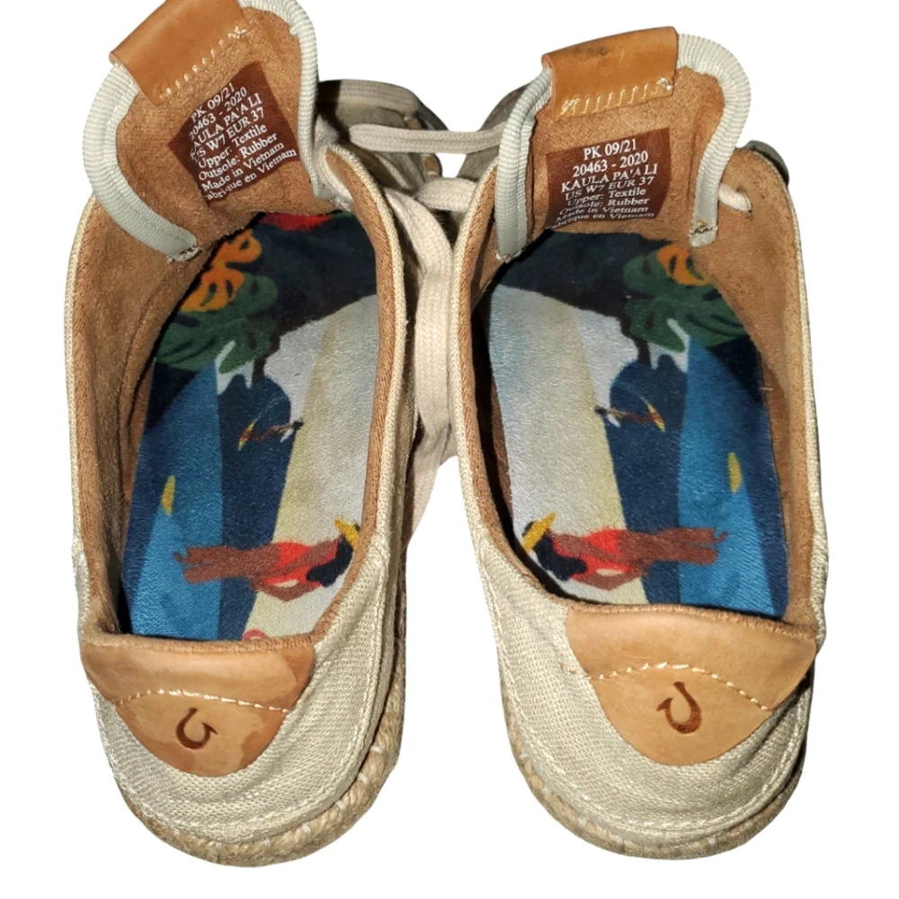 OLUKAI Kaula Pa'a Li Cream Linen LaceUp Boho Minimalist‎ Espadrille Flats Size 7